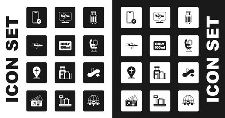 Set Suitcase, Liquids in carry-on baggage, Plane, No cell phone, Airplane seat, Escalator down and icon. Vector