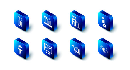 Set Scale with suitcase, Suitcase, No water bottle, Conveyor belt, Trolley baggage, Plane, Airport control tower and icon. Vector