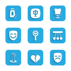 Set Broken heart or divorce, Drama theatrical mask, Pendulum, Helping hand, Comedy, Armchair and Sedative pills icon. Vector