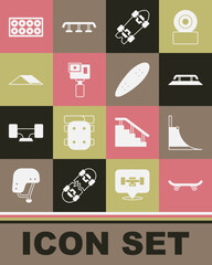 Set Skateboard, park, stairs with rail, Longboard or skateboard, Action camera, wheel and icon. Vector