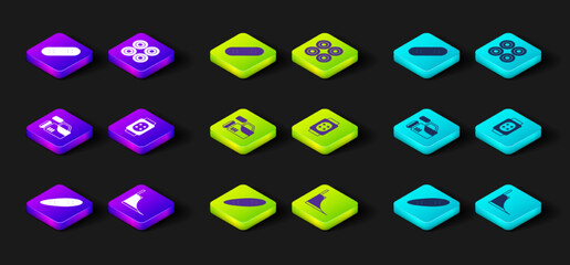 Set Longboard or skateboard, Skate park, Cinema camera, Knee pads, Skateboard wheel and icon. Vector