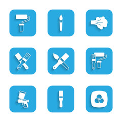 Set Paint brush, RGB and CMYK color mixing, roller, spray gun, and icon. Vector