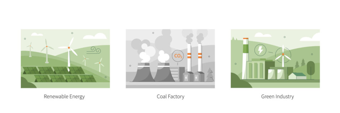 Sustainability illustration set. Electric renewable energy station with windmills, solar power plant and coal factory generating electricity for industry. CO2 pollution concept. Vector illustration.