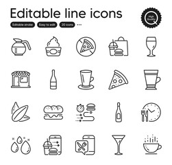 Set of Food and drink outline icons. Contains icons as Water drop, Beer glass and Champagne bottle elements. Sunflower seed, Food app, Burger web signs. Coffee cup, Pizza, Food order elements. Vector