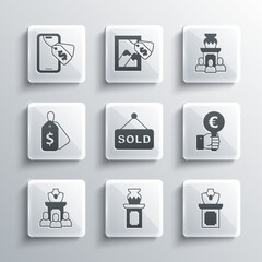 Set Auction ancient vase, jewelry sale, Hand holding auction paddle, sold, Price tag with Sale, Online and icon. Vector