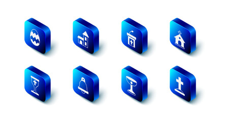 Naklejka premium Set Church building, sermon tribune, Grave with cross, Christian chalice, bell, and Easter egg icon. Vector