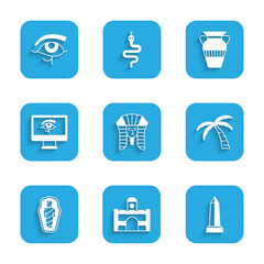 Set Egyptian pharaoh, house, Obelisk of Alexandria, Tropical palm tree, mummy in sarcophagus, Eye Horus on monitor, vase and icon. Vector