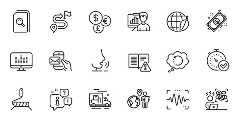 Outline set of Outsource work, Environment day and Music making line icons for web application. Talk, information, delivery truck outline icon. Vector