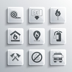 Set No fire, Fire truck, extinguisher, Location with flame, Firefighter axe, burning house, hose reel and Burning match icon. Vector