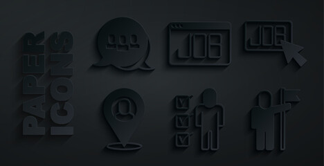 Set Resume, Search job, Worker location, Man holding flag, and Project team base icon. Vector