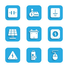 Set Car battery, Battery charge, Computer mouse, Lightning bolt, High voltage, Solar energy panel, Electrical symbol ground and Electrolytic capacitor icon. Vector