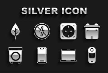 Set Mobile phone, Car battery, Battery charge, Laptop, Washer, Electrical outlet, Leaf Eco symbol and No lightning icon. Vector