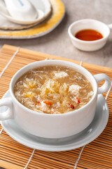 Shark fin soup (Indonesia : Soup Sirip Ikan Hiu) is a popular soup in Chinese cuisine which is usually served on special occasions such as weddings or banquets.