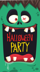 Cartoon funny green zombie character design with scary face expression. Halloween vector illustration isolated on white. Party poster, package design