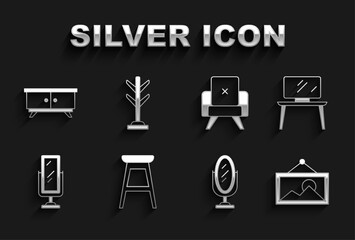 Set Chair, TV table stand, Picture, Mirror, Big full length mirror, Armchair, Furniture nightstand and Coat icon. Vector