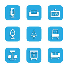 Set Lamp hanging, Furniture nightstand, Sofa, Armchair, Chandelier, Picture and Big full length mirror icon. Vector