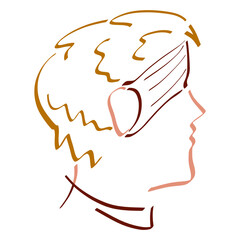 young man with Brown bandage or medical mask covering his eyes, outline on white background