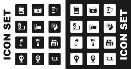 Set Camera film roll cartridge, Photo camera, Cinema, SD card, Movie clapper, Retro cinema and Studio light bulb softbox icon. Vector - obrazy, fototapety, plakaty