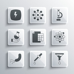 Set Pipette, Funnel or filter, Atom, Calculator, Bacteria, Test tube, Lightning bolt and Microscope icon. Vector