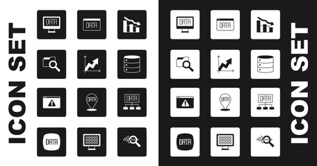 Set Financial growth decrease, Search with folder, Data analysis, Server, and Browser exclamation mark icon. Vector
