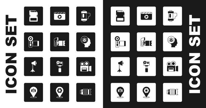 Set Camera film roll cartridge, Photo camera, Cinema, SD card, Movie clapper, Retro cinema and Studio light bulb softbox icon. Vector