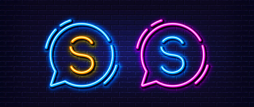 Initial letter S icon. Neon light line effect. Line typography character sign. Large first font letter. Glowing neon light speech bubble. Letter S glow 3d line. Brick wall banner. Vector