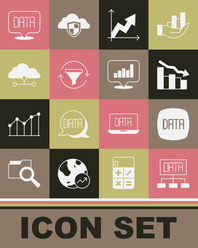 Set Data analysis, Financial growth decrease, Sales funnel with chart, Network cloud connection, and Pie infographic icon. Vector