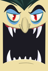 Happy Halloween. Count Dracula face avatar. Cute cartoon vampire character with big open mouth, tongue, fangs.