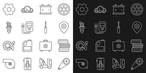 Obraz na płótnie Canvas Set line Timing belt kit, Car tire wheel, Location with car service, battery, Multimeter, spark plug, Gear and Screwdriver icon. Vector