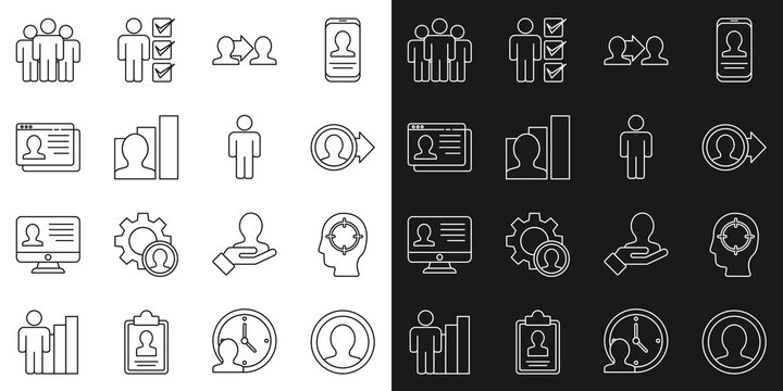 Set line Create account screen, Head hunting, Project team base, Productive human, Resume, Users group and of icon. Vector