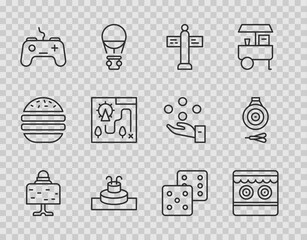 Set line Magic ball on table, Shooting gallery, Road traffic signpost, Fountain, Gamepad, Amusement park map, dice and Classic dart board and arrow icon. Vector