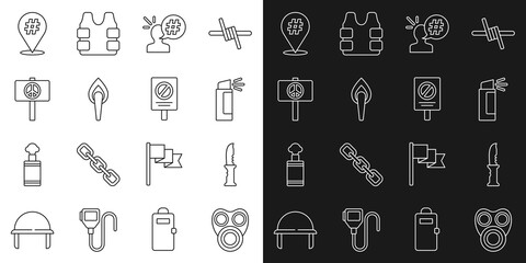 Set line Gas mask, Military knife, Pepper spray, Protest, Torch flame, Peace, and icon. Vector