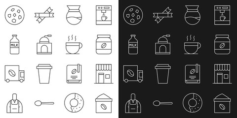 Set line Bag of coffee beans, Coffee shop, jar bottle, Pour over maker, Manual grinder, Bottle with milk, Cookie or biscuit and cup icon. Vector