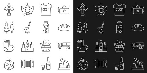 Set line Oil pump or pump jack, Tanker truck, Bread loaf, USSR t-shirt, Ice hockey stick and puck, Christmas tree, Christian cross and Pickled cucumbers in jar icon. Vector