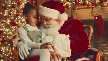 Slowmo of pretty African American little girl talking to Santa while sitting on his laps in cozy living room with Christmas tree and fireplace decorated with sparkling lights - Powered by Adobe