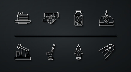 Set line Medovik, Oil pump or pump jack, King crown, Rocket ship, Ice hockey stick and puck, Cannon, Satellite and Pickled cucumbers jar icon. Vector