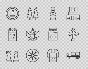 Set line Chess, Tanker truck, Russian doll matryoshka, Snowflake, Rouble, ruble currency, National emblem of, Kosovorotka and Christian cross icon. Vector