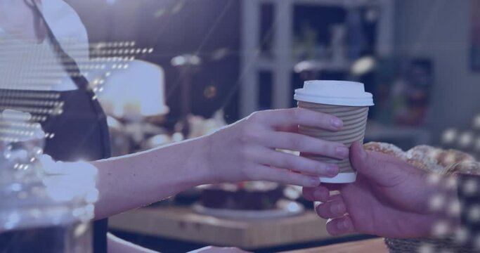 Animation of data processing and world map over midsection of female waiter serving coffee at a cafe