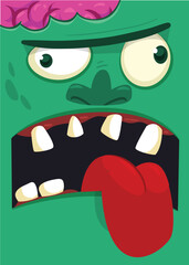 Cartoon funny green zombie character design with scary face expression. Halloween vector illustration isolated on white. Party poster, package design