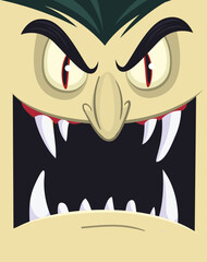 Happy Halloween. Count Dracula face avatar. Cute cartoon vampire character with big open mouth, tongue, fangs.