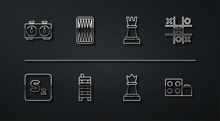 Set line Time chess clock, Bingo, Tic tac toe game, Chess, Mahjong pieces, Backgammon board, Toy building block bricks and icon. Vector