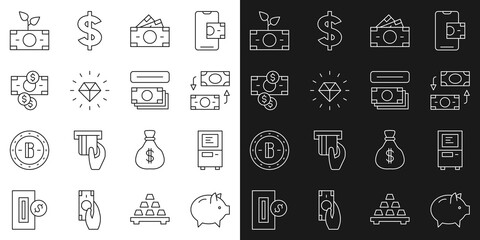 Set line Piggy bank, ATM, Money exchange, Stacks paper money cash, Diamond, plant in the pot and and icon. Vector