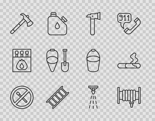 Set line No fire match, Fire hose reel, Firefighter axe, escape, shovel and bucket, sprinkler and Cigarette icon. Vector