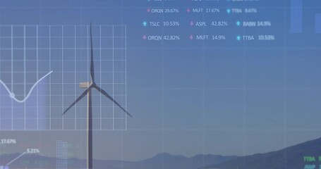 Animation of stock market data processing over wind turbine spinning against blue sky - Powered by Adobe