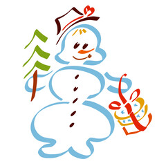 cute snowman in a hat with a heart, with a Christmas tree and a gift in a box in his hands, colorful pattern