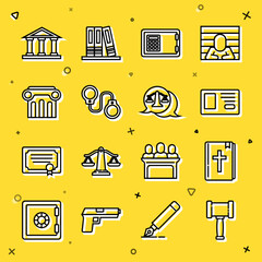 Set line Judge gavel, Holy bible book, Identification badge, Safe, Handcuffs, Law pillar, Courthouse building and Scales of justice icon. Vector