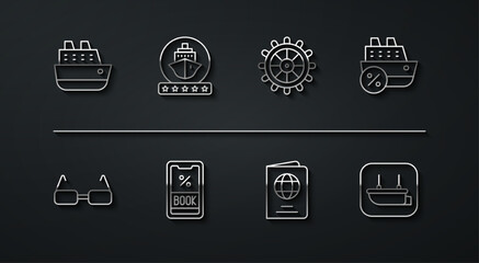 Set line Cruise ship, Glasses, Passport, ticket, Lifeboat and Ship steering wheel icon. Vector