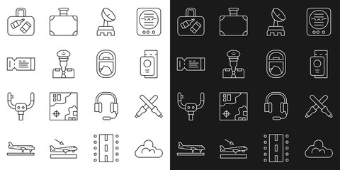 Set line Cloud weather, Marshalling wands, Passport with ticket, Radar, Pilot, Airline, Suitcase and Airplane window icon. Vector