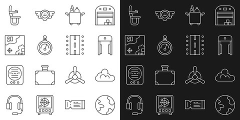 Set line Worldwide, Cloud weather, Metal detector in airport, Trolley for food, Barometer, travel map, Airplane seat and Airport runway icon. Vector