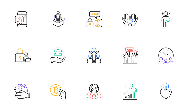 Meeting time, Friend and Clapping hands line icons for website, printing. Collection of Voting campaign, Inclusion, Lock icons. Mobile like, Hold heart, Augmented reality web elements. Vector